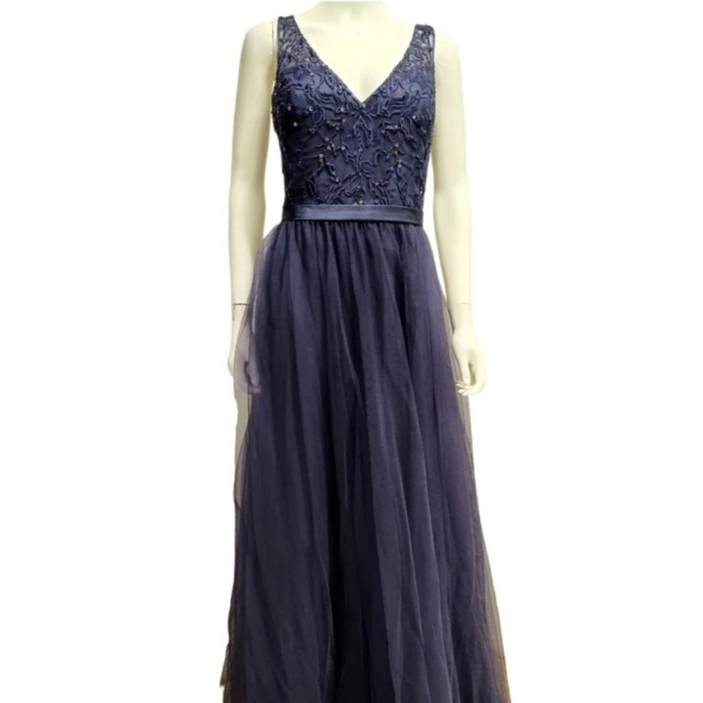 Morilee Madeline Gardner Gown Blue Embroidered Tulle Evening Dress Size 4 Glam - Picture 2 of 6